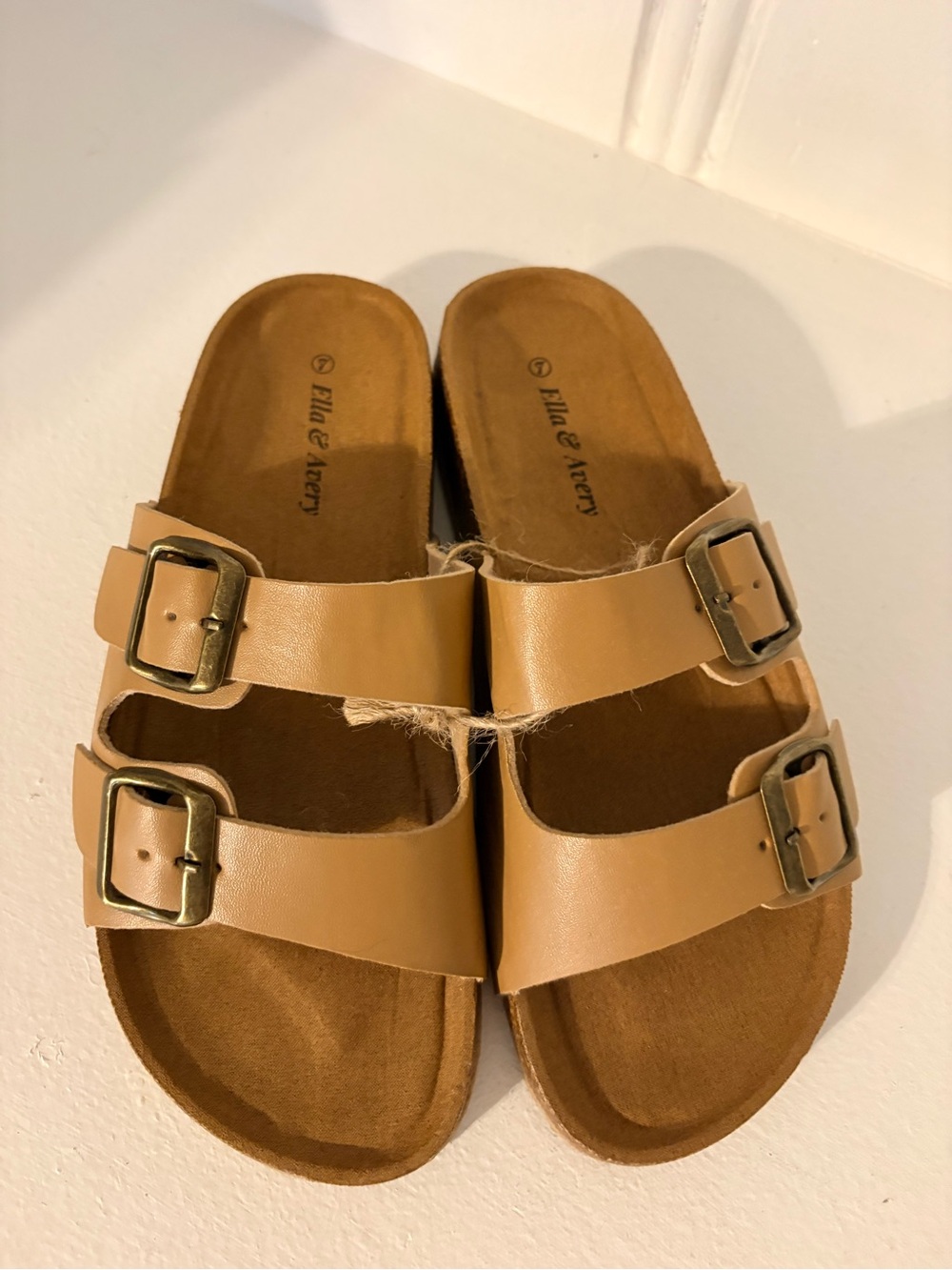 Tan Double-Buckle Slide Sandals